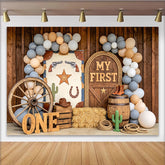 Lofaris Western-Geburtstagshintergrund erster Geburtstag mit Luftballons und Cowboy-Motiven, rustikale Kulisse für Fotoshooting und Party