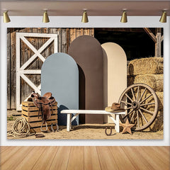 Lofaris Rustikaler Western Fotohintergrund mit Scheunentor und Heuballen, Vintage Kulisse für Cowboy-Party oder Fotoshooting