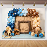 Lofaris Blau-brauner Wald-Babypartyhintergrund für Jungen mit Holzspielzeug, rustikale Fotowand mit Ballons für Babyparty-Fotoshooting