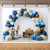Lofaris Rustikaler Babyparty Hintergrund mit Luftballons und Holzspielzeug, natürliche Fotokulisse für Babyfotografie und Feierdekoration