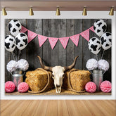 Lofaris Rosa Western-Geburtstagshintergrund mit Kuhfleckenballons und Holzwand, perfekte Fotowand für Fotoshooting und Cowboy-Party
