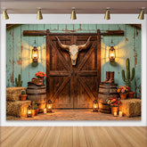Lofaris Rustikaler Western-Fotohintergrund mit Scheunentor und Laternen, perfekte Kulisse für Fotoshootings Events und Countrypartys