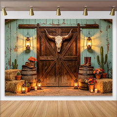 Lofaris Rustikaler Western-Fotohintergrund mit Scheunentor und Laternen, perfekte Kulisse für Fotoshootings Events und Countrypartys