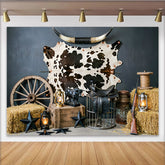 Lofaris Rustikaler Western Fotohintergrund mit Kuhfell und Longhorn-Hörnern, authentische Kulisse für professionelle Fotoshootings
