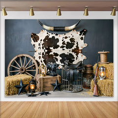 Lofaris Rustikaler Western Fotohintergrund mit Kuhfell und Longhorn-Hörnern, authentische Kulisse für professionelle Fotoshootings