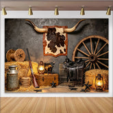 Lofaris Rustikaler Western Fotohintergrund mit Longhorn und Heuballen, authentische Kulisse für Fotoshootings und Eventdekoration