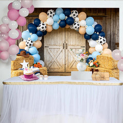 Lofaris Western Babyparty Hintergrund für Jungen, blaue Kuhflecken-Ballons rustikale Scheunentor Fotowand für Fotoshooting Dekoration