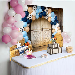 Lofaris Western Babyparty Hintergrund für Jungen, blaue Kuhflecken-Ballons rustikale Scheunentor Fotowand für Fotoshooting Dekoration