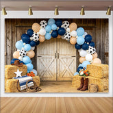 Lofaris Western Babyparty Hintergrund für Jungen, blaue Kuhflecken-Ballons rustikale Scheunentor Fotowand für Fotoshooting Dekoration