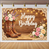 Lofaris Rustikaler Western-Geburtstagshintergrund mit Blumen und Happy Birthday Schriftzug, elegante Fotokulisse für Partydekoration