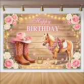 Lofaris Rosa Western-Geburtstagshintergrund mit Pferd und Happy Birthday Schriftzug, rustikale Fotowand für Mädchen Partydekoration