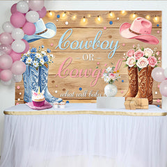Lofaris Rustikaler Holz Cowboy-Cowgirl-Babypartyhintergrund mit Stiefeln und Hüten, süße Fotokulisse für Geschlechtsenthüllung und Babyparty