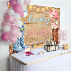 Lofaris Rustikaler Holz Cowboy-Cowgirl-Babypartyhintergrund mit Stiefeln und Hüten, süße Fotokulisse für Geschlechtsenthüllung und Babyparty