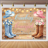 Lofaris Rustikaler Holz Cowboy-Cowgirl-Babypartyhintergrund mit Stiefeln und Hüten, süße Fotokulisse für Geschlechtsenthüllung und Babyparty