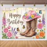 Lofaris Rosa Cowgirl Hut Blumen Geburtstagshintergrund mit Holzoptik und Lichterkette, rustikale Fotowand für Mädchen Partydekoration