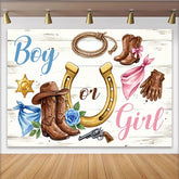 Lofaris Junge oder Mädchen Western-Geschlechtsenthüllung Hintergrund mit Cowboy-Stiefeln und Hufeisen, rustikale Babyparty-Kulisse