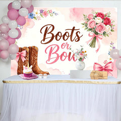 Lofaris Boots-oder-Bows Geschlechtsenthüllungs-Hintergrund für Babyparty, rustikale Fotowand mit Cowboy-Stiefeln und rosa Blumen