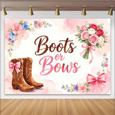 Lofaris Boots-oder-Bows Geschlechtsenthüllungs-Hintergrund für Babyparty, rustikale Fotowand mit Cowboy-Stiefeln und rosa Blumen