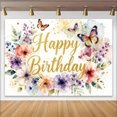 Lofaris Goldener Happy Birthday Blumen-Geburtstagshintergrund mit Schmetterlingen, farbenfrohe Kulisse für Fotoshooting und Feierlichkeiten