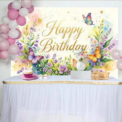 Lofaris Goldener Happy Birthday Aquarell-Blumen-Geburtstagshintergrund mit Schmetterlingen, Kulisse für Mädchen Fotoshooting