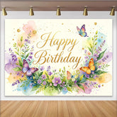 Lofaris Goldener Happy Birthday Aquarell-Blumen-Geburtstagshintergrund mit Schmetterlingen, Kulisse für Mädchen Fotoshooting