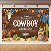 Lofaris Rustikaler Cowboy Babyparty Hintergrund für Jungen mit Stierkopf, Holzoptik Fotohintergrund mit Kakteen und Teddybär