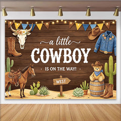 Lofaris Rustikaler Cowboy Babyparty Hintergrund für Jungen mit Stierkopf, Holzoptik Fotohintergrund mit Kakteen und Teddybär