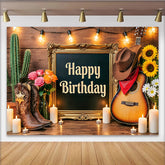 Lofaris Rustikaler Western-Geburtstagshintergrund mit Happy Birthday Schriftzug, stimmungsvolle Kulisse für Fotoshooting und Partydekoration