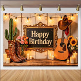 Lofaris Rustikaler Western-Geburtstagshintergrund mit Cowboy-Stiefeln und Gitarre, ideale Fotokulisse für Country-Partys und Fotoshootings