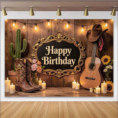 Lofaris Rustikaler Western-Geburtstagshintergrund mit Cowboystiefeln und Gitarre, elegante Kulisse für Country-Party und Fotoshooting