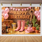 Lofaris Rosa Cowgirl Geburtstagshintergrund mit Happy Birthday Schriftzug, rustikale Fotowand für Westernparty-Dekoration und Fotoshooting