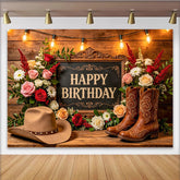 Lofaris Rustikaler Western Geburtstagshintergrund mit Blumen und Cowboy-Elementen, elegante Kulisse für Fotoshooting und Partydekoration