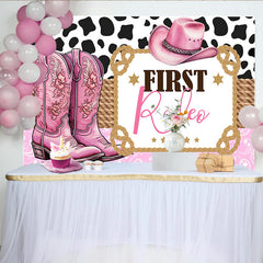 Lofaris Rosa Cowgirl Rodeo Geburtstag Hintergrund mit Stiefeln und Hut, Kuhflecken Muster Fotowand für Mädchen Party Dekoration