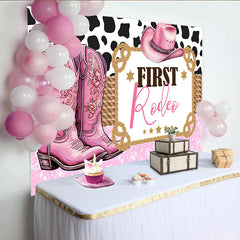 Lofaris Rosa Cowgirl Rodeo Geburtstag Hintergrund mit Stiefeln und Hut, Kuhflecken Muster Fotowand für Mädchen Party Dekoration