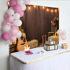 Lofaris Rustikaler Holz Western-Fotohintergrund mit Lichterketten, ländliche Kulisse für Fotoshooting mit Sonnenblumen und Cowboy-Stiefeln