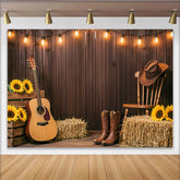 Lofaris Rustikaler Holz Western-Fotohintergrund mit Lichterketten, ländliche Kulisse für Fotoshooting mit Sonnenblumen und Cowboy-Stiefeln