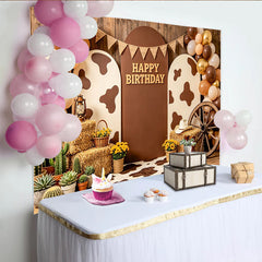 Lofaris Rustikaler Western-Geburtstagshintergrund mit Happy Birthday Schriftzug, braune Luftballons Kuhflecken Fotowand für Feier und Fotos