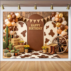 Lofaris Rustikaler Western-Geburtstagshintergrund mit Happy Birthday Schriftzug, braune Luftballons Kuhflecken Fotowand für Feier und Fotos