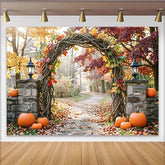 Lofaris Rustikaler Herbstlandschaftshintergrund mit bunten Blättern und Kürbissen, idyllische Fotokulisse für herbstliche Fotoshootings