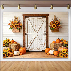 Lofaris Herbstlicher Scheunentorhintergrund mit Kürbissen und Sonnenblumen, perfekte Fotowand für Erntedankfest und Herbstdekoration