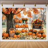 Lofaris orange Herbst-Kürbishintergrund mit Ahornblättern und Kürbissen, rustikale Herbstkulisse für Fotoshootings und saisonale Dekoration