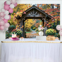 Lofaris Herbstlandschaftshintergrund mit Holzbogen und bunten Blättern, warme Fotokulisse für Porträts, Familienfotos und Herbstdekoration