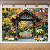 Lofaris Herbstlandschaftshintergrund mit Holzbogen und bunten Blättern, warme Fotokulisse für Porträts, Familienfotos und Herbstdekoration