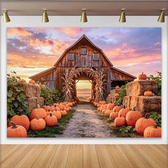 Lofaris Rustikaler Herbst-Scheunen-Hintergrund mit Kürbissen und Heuballen, stimmungsvolle Fotokulisse für Herbstdekoration