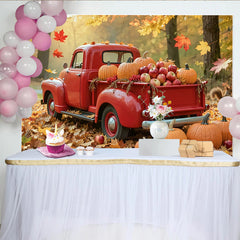 Lofaris Herbst-Ernte-Fotohintergrund roter Vintage Truck Kürbisse Äpfel, gemütliche Kulisse für Familienfotos und Herbstdekoration
