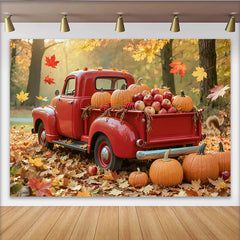 Lofaris Herbst-Ernte-Fotohintergrund roter Vintage Truck Kürbisse Äpfel, gemütliche Kulisse für Familienfotos und Herbstdekoration