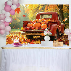 Lofaris Roter Pickup Herbstkürbis-Hintergrund für Erntedank, festliche Kulisse mit Äpfeln und bunten Blättern für Fotoshootings