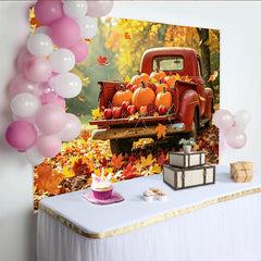 Lofaris Roter Pickup Herbstkürbis-Hintergrund für Erntedank, festliche Kulisse mit Äpfeln und bunten Blättern für Fotoshootings
