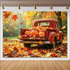 Lofaris Roter Pickup Herbstkürbis-Hintergrund für Erntedank, festliche Kulisse mit Äpfeln und bunten Blättern für Fotoshootings