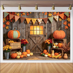 Lofaris Rustikaler Herbsthintergrund für Erntedank mit Kürbissen und Holzwand, gemütliche Kulisse für Fotoshooting und Herbstdekoration